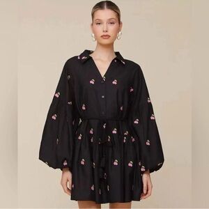 Avec Les Filles Embroidered Cherry Ruffle Hem Shirt Dress